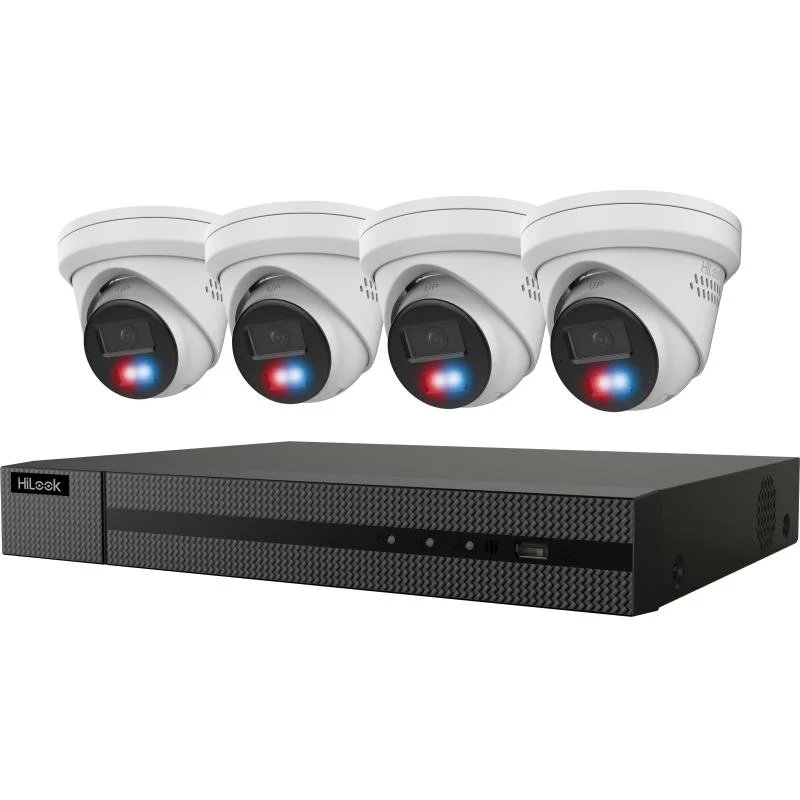 Hikvision Hilook 4 CH 4K Red Blue Strobe Light SHL IP Kit, 1 4K Hilook NVR + 4 4K Red and Blue Strobe Light SHL IP Turrets, 2-way Audio and Live Guard IK-4248TH-MH/PL