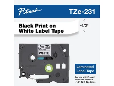 Brother Genuine P-touch TZe231 BK on WHT Label Tape, Laminated, 12mmX8m