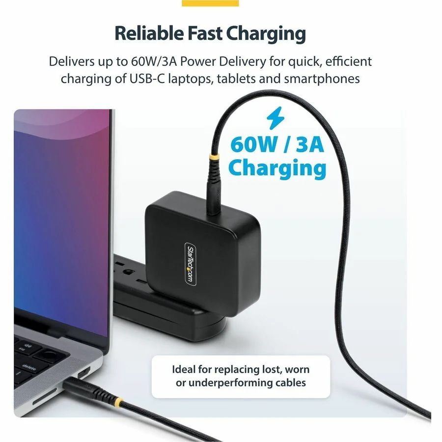 StarTech.com 10ft (3m) USB-C Charging Cable, 60W (3A) PD, Dual-Layer Braided Nylon/TPE Jacket, Rugged USB 2.0 Laptop Charger Cord