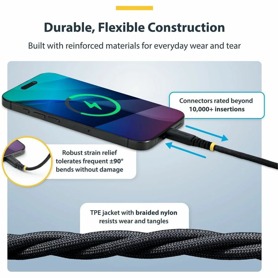 StarTech.com 10ft (3m) USB-C Charging Cable, 60W (3A) PD, Dual-Layer Braided Nylon/TPE Jacket, Rugged USB 2.0 Laptop Charger Cord