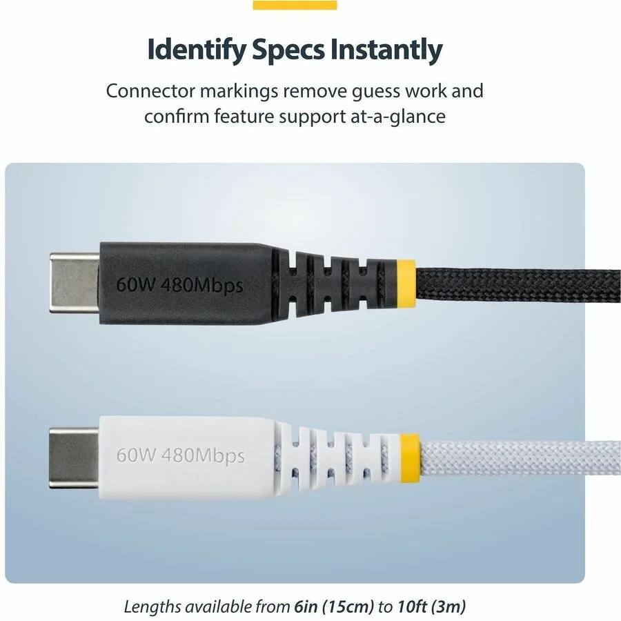 StarTech.com 10ft (3m) USB-C Charging Cable, 60W (3A) PD, Dual-Layer Braided Nylon/TPE Jacket, Rugged USB 2.0 Laptop Charger Cord
